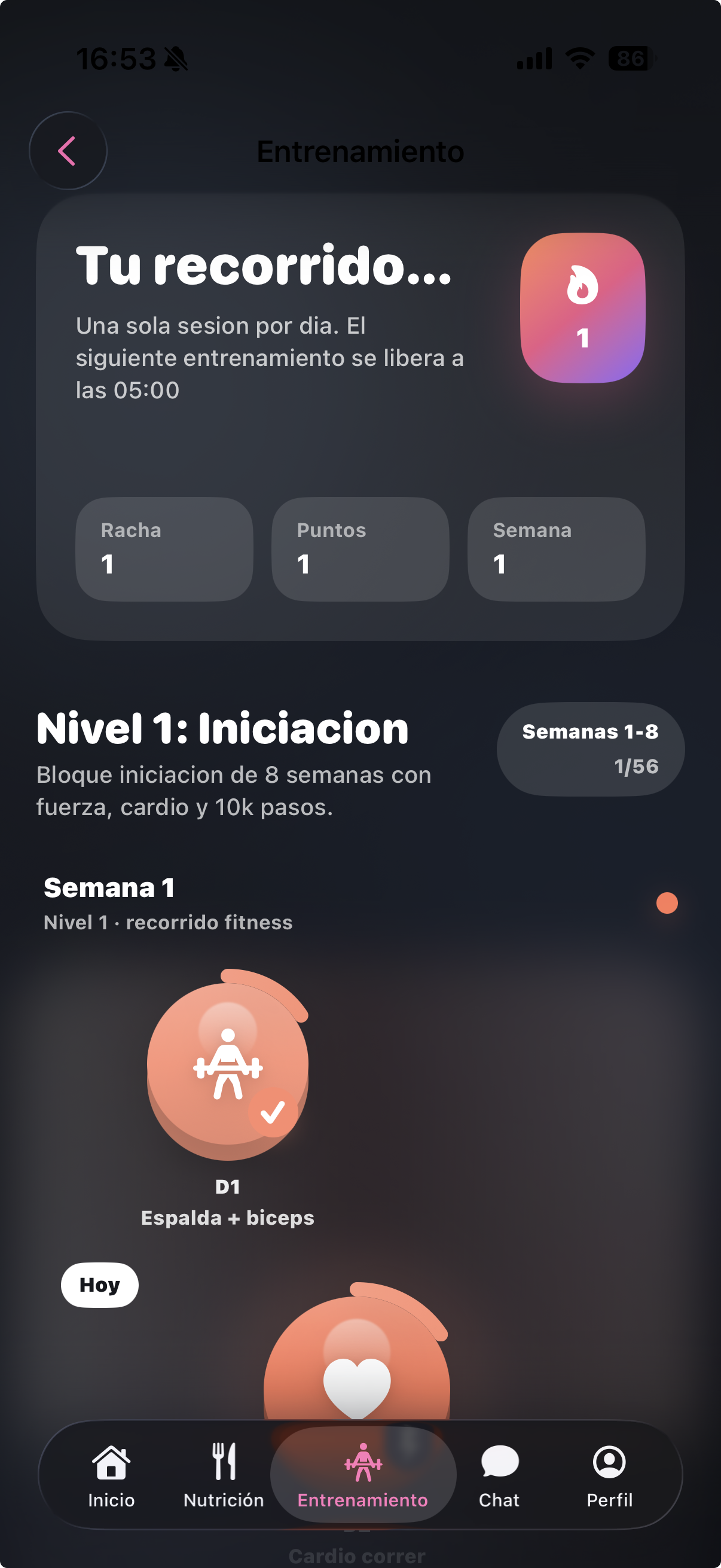 Vista de entrenamiento guiado en la app Aurena